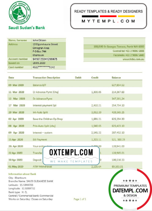 editable template, Sudan Saudi Sudanese Bank proof of address statement template in Word and PDF format