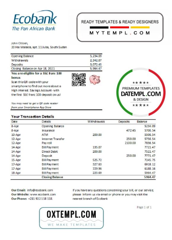 editable template, South Sudan Ecobank bank statement easy to fill template in Excel and PDF format
