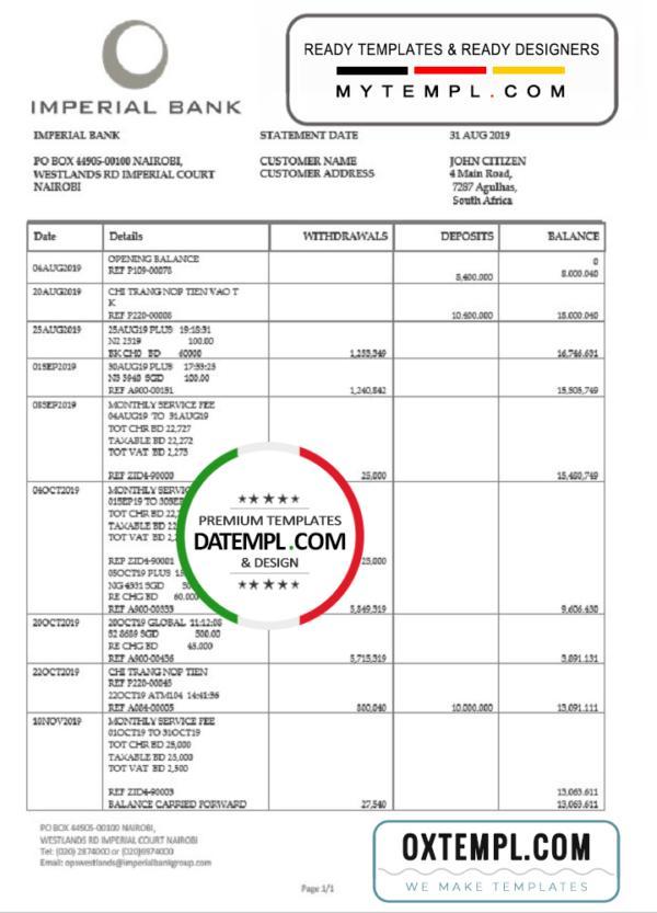 editable template, South Africa Imperial Bank statement easy to fill template in Word and PDF format