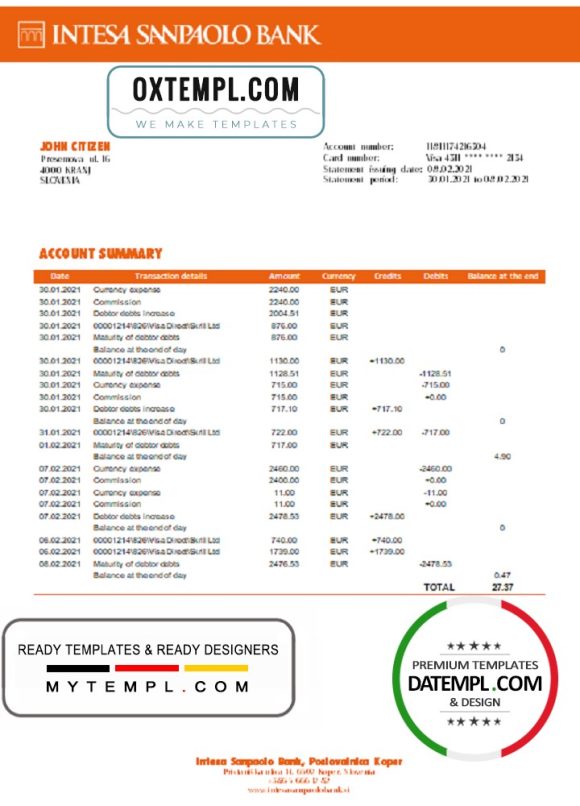 editable template, Slovenia Intesa Sanpaolo Bank, Poslovalnica Koper bank statement template in Word and PDF format