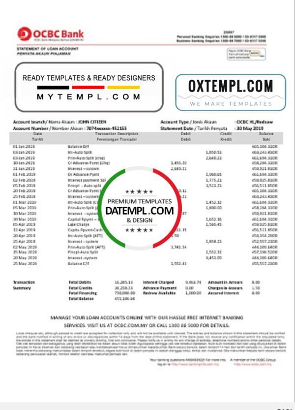 editable template, Singapore OCBC bank proof of address statement template in Word and PDF format, fully editable