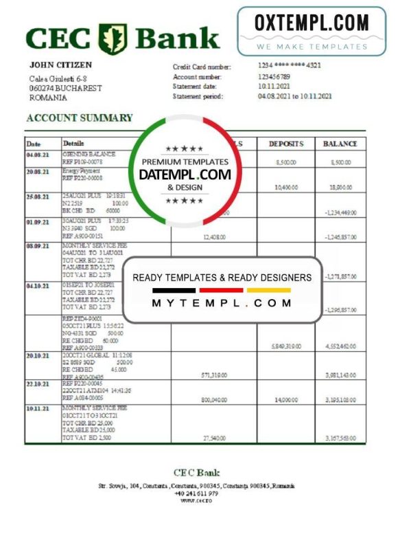 editable template, Romania CEC Bank statement easy to fill template in Excel and PDF format