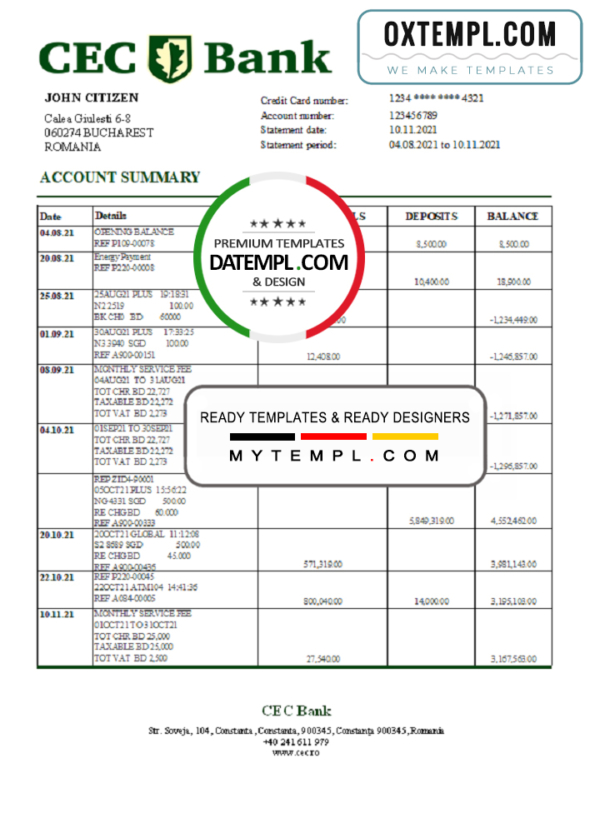 editable template, Romania CEC Bank statement easy to fill template in Excel and PDF format