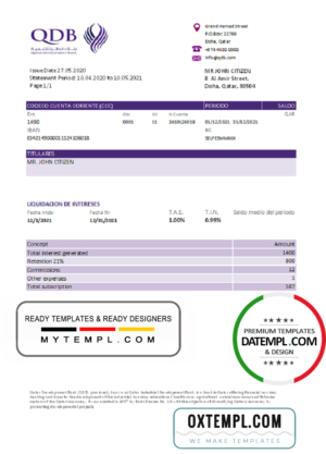 Qatar Development Bank statement template, Excel and PDF format (.xls and .pdf)