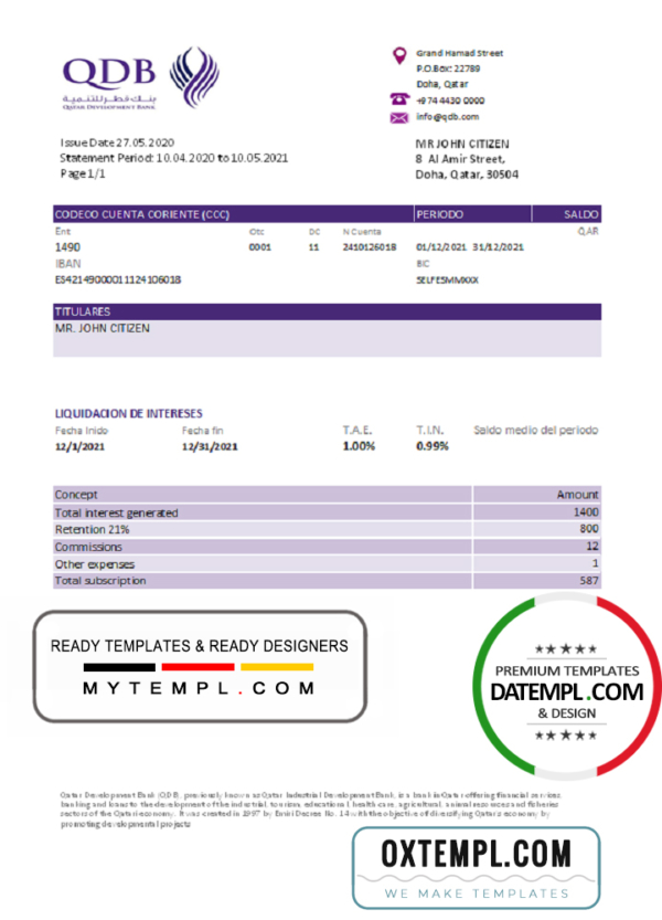 editable template, Qatar Development Bank statement template, Excel and PDF format (.xls and .pdf)