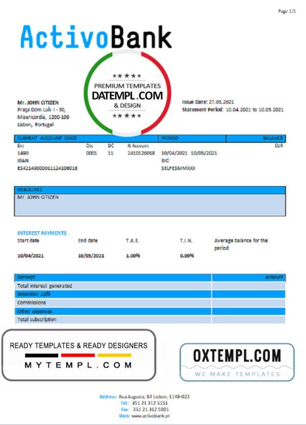 editable template, Portugal Activobank S.A. bank statement in Word and PDF format