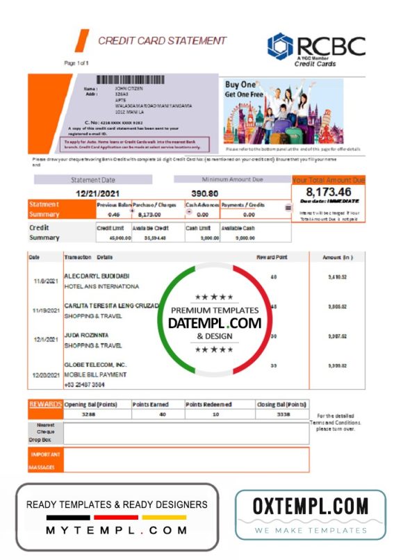 editable template, Philippines Rizal Commercial Banking Corporation (RCBC) credit card statement template in .xls and .pdf file format