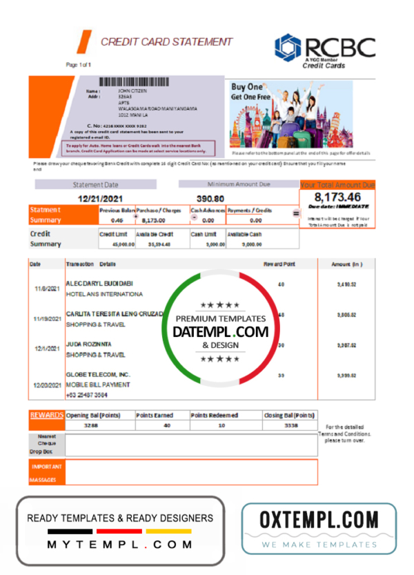 editable template, Philippines Rizal Commercial Banking Corporation (RCBC) credit card statement template in .xls and .pdf file format