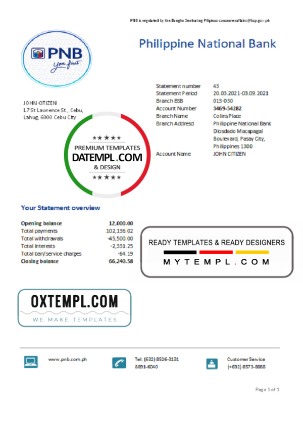 editable template, Philippines National Bank (PNB) proof of address bank statement template in Excel and PDF format