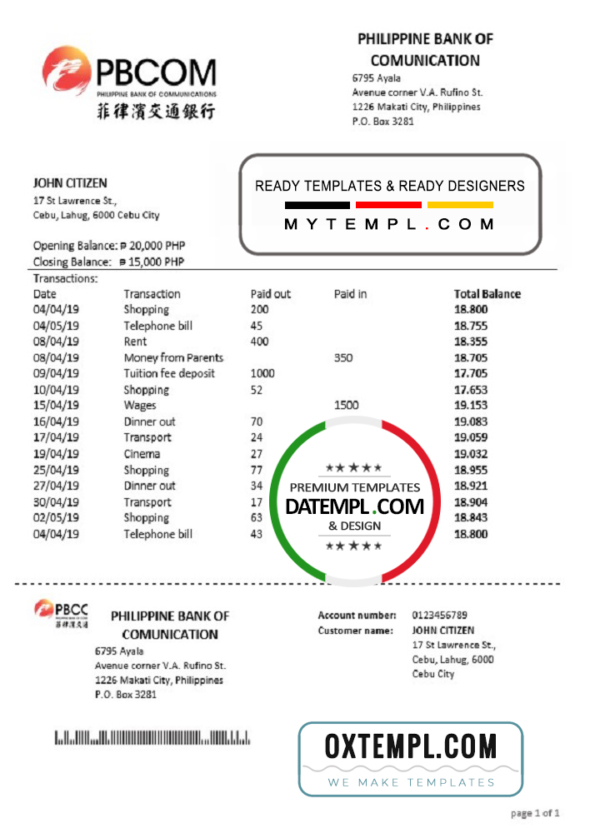 editable template, Philippines Bank of Communications proof of address bank statement template in Word and PDF format