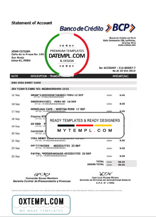 editable template, Peru Banco de Credito del Peru (BCP) proof of address bank statement template in Word and PDF format