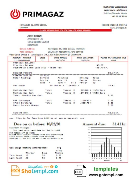 editable template, Denmark Primagaz Denmark gas utility bill template in Word and PDF format