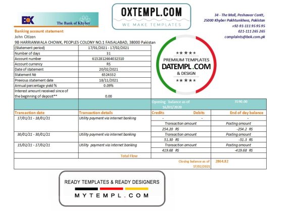 editable template, Pakistan The Bank of Khyber bank statement easy to fill template in Excel and PDF format