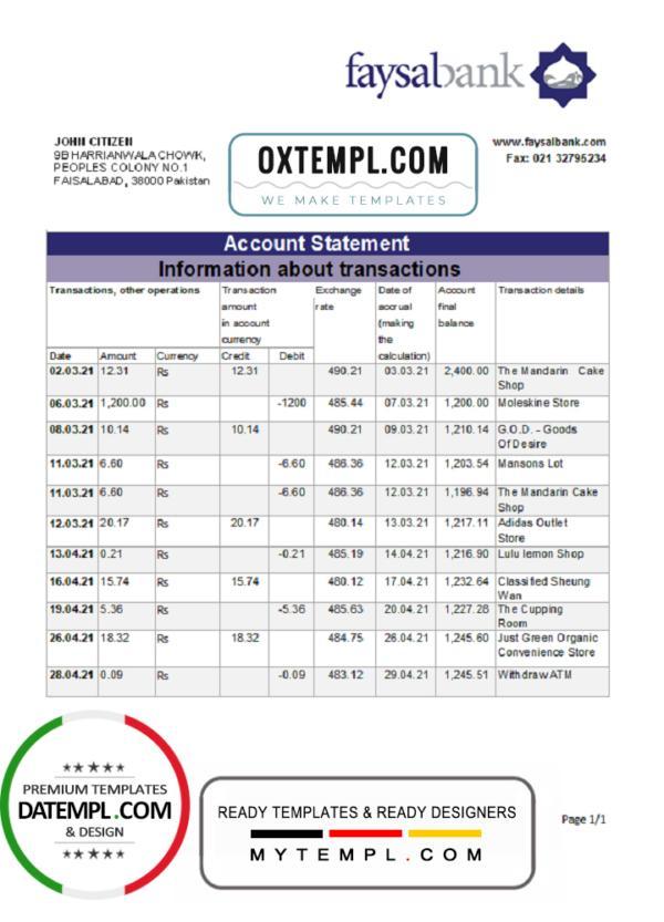 editable template, Pakistan Faysal Bank statement easy to fill template in .xls and .pdf file format