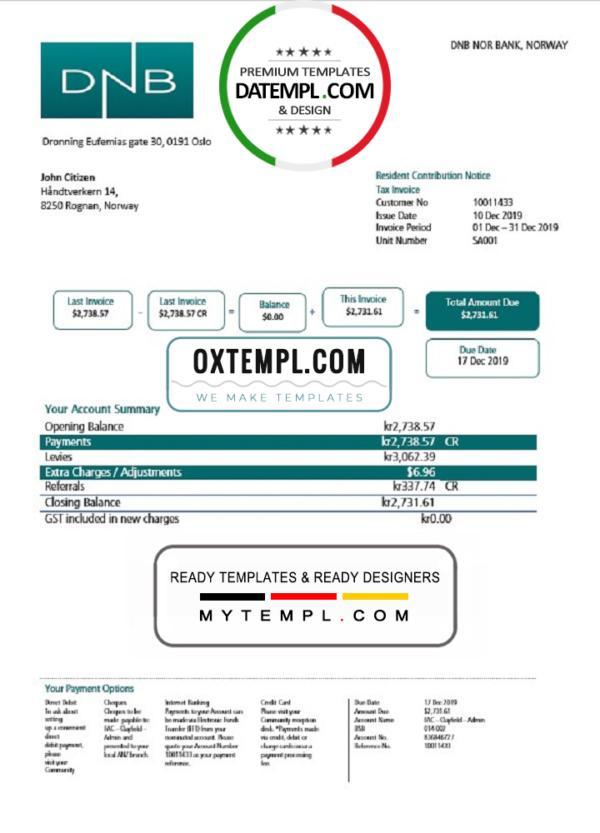 editable template, Norway DNB bank proof of address statement template in Word and PDF format