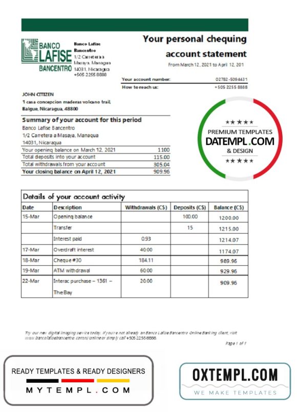 editable template, Nicaragua Banco Lafise Bancentro bank statement template, Excel and PDF format (.xls and .pdf)