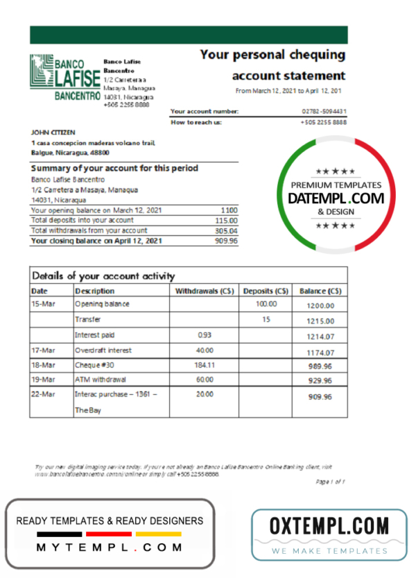 editable template, Nicaragua Banco Lafise Bancentro bank statement template, Excel and PDF format (.xls and .pdf)