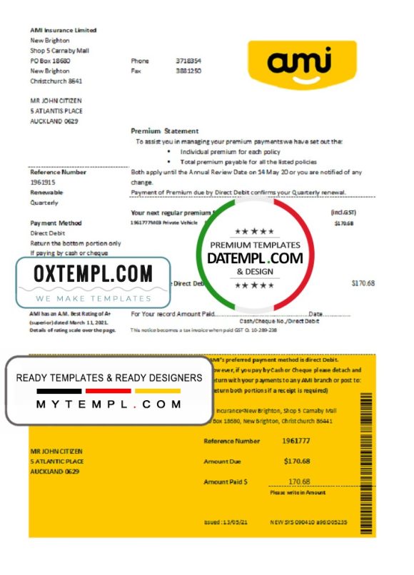 editable template, New Zealand Ami Insurance Limited bank statement template in Excel and PDF format