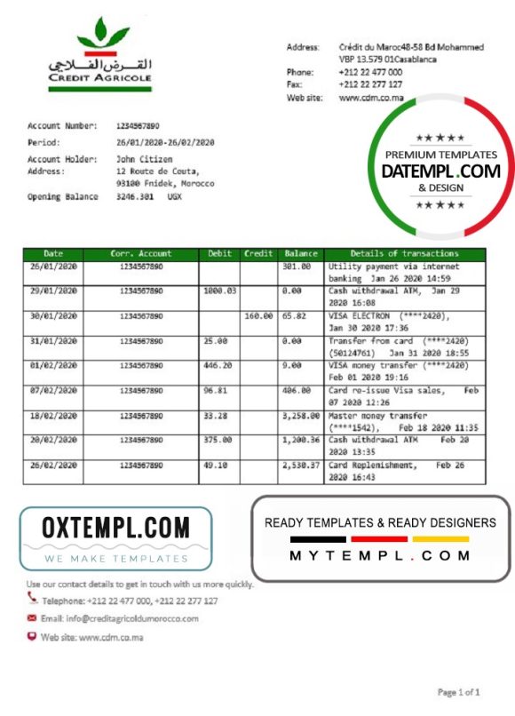 editable template, Morocco Credit Agricole bank statement template in Word and PDF format, good for address prove