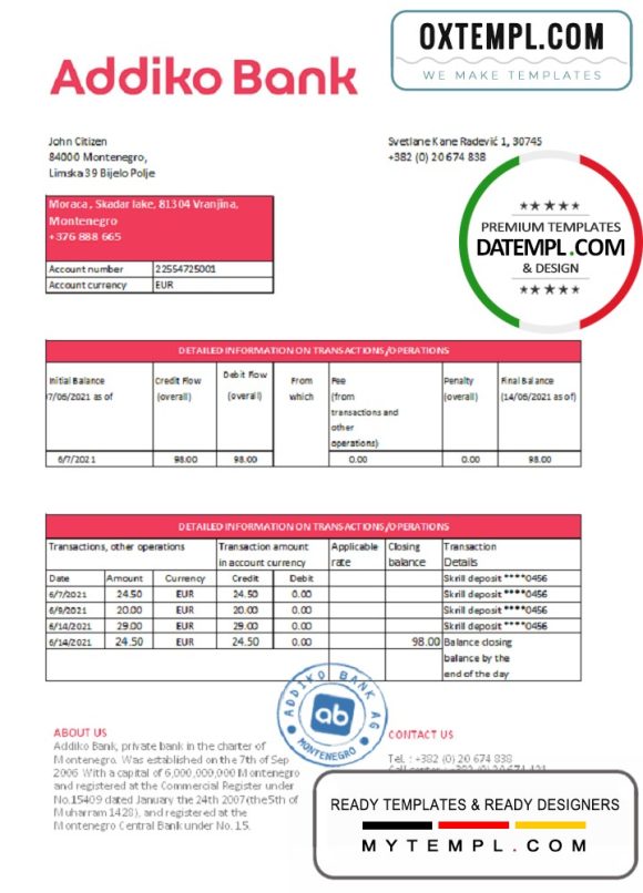 editable template, Montenegro Addiko Bank statement easy to fill template in .xls and .pdf file format