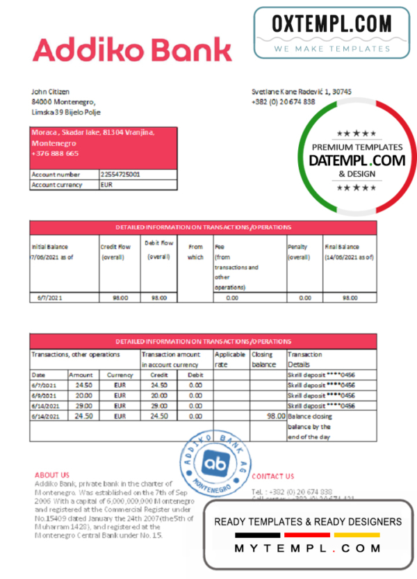 editable template, Montenegro Addiko Bank statement easy to fill template in .xls and .pdf file format