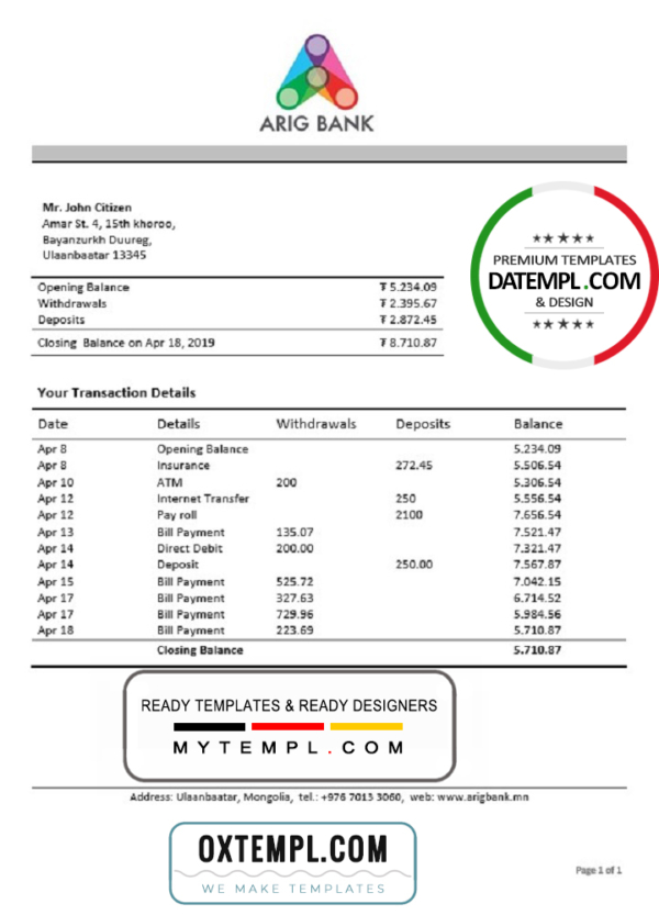 editable template, Mongolia Arig Bank proof of address statement template in Word and PDF format