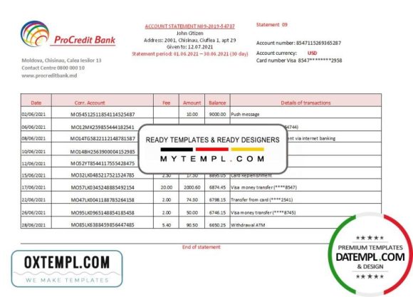 editable template, Moldova Procredit bank statement easy to fill template in .xls and .pdf file format