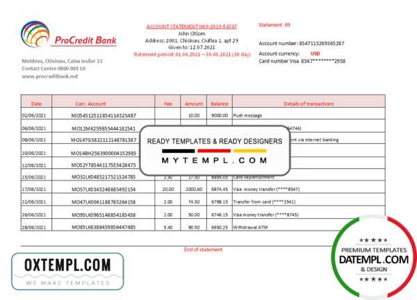 editable template, Moldova Procredit bank statement easy to fill template in .xls and .pdf file format