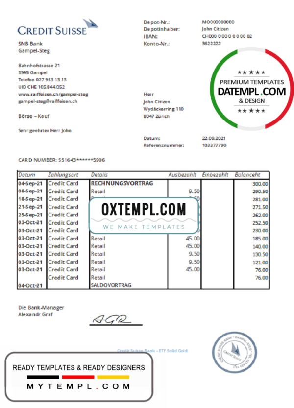 editable template, Switzerland Credit Suisse bank proof of address statement template in Word and PDF format (.doc and .pdf)
