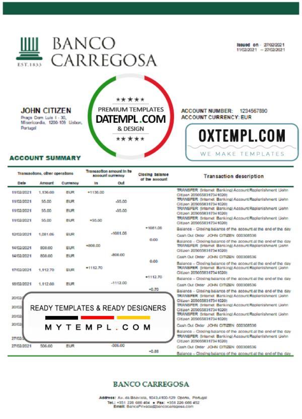 editable template, Portugal Banco Carregosa bank statement in Word and PDF format