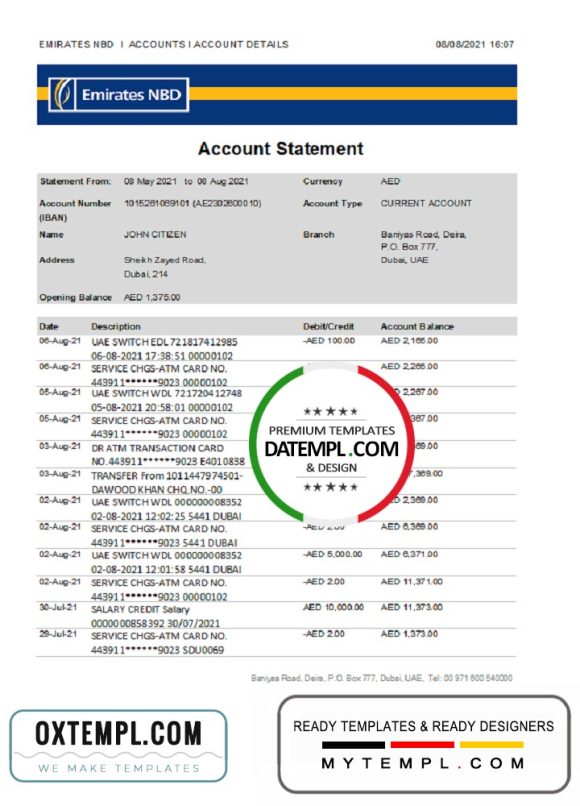 editable template, UAE Dubai Emirates NBD bank proof of address statement template in Word and PDF format