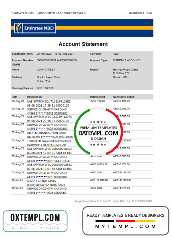 editable template, UAE Dubai Emirates NBD bank proof of address statement template in Word and PDF format
