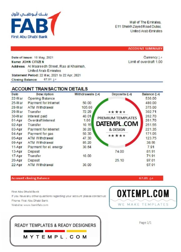 editable template, UAE First Abu Dhabi bank statement easy to fill template in Word and PDF format