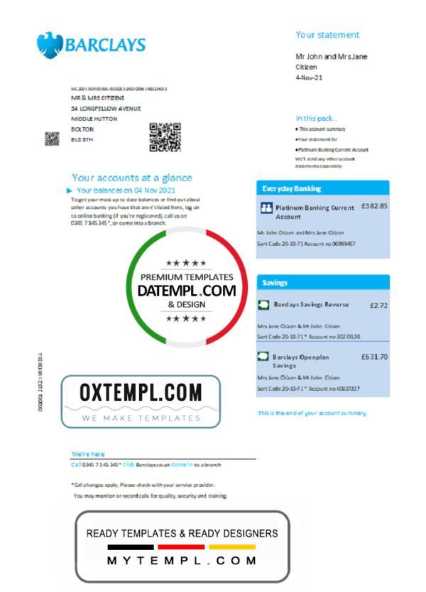 editable template, United Kingdom Barclays bank statement template in .doc and .pdf format, version 2