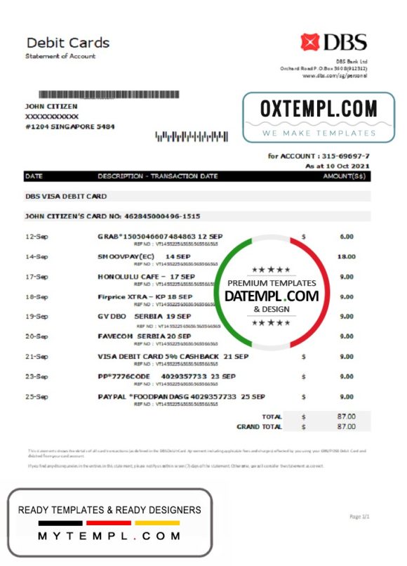 editable template, Singapore DBS bank proof of address statement template in .doc and .pdf format