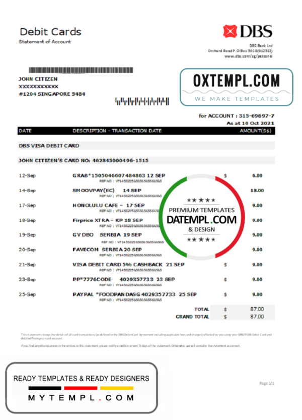 editable template, Singapore DBS bank proof of address statement template in .doc and .pdf format