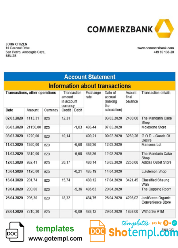 editable template, Belize Commerzbank bank statement template in Word and PDF format, good for address prove