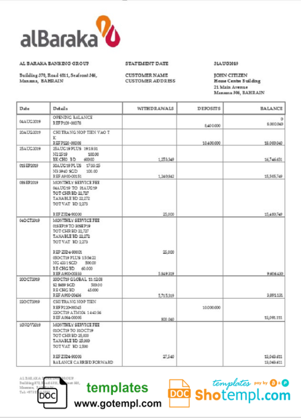 editable template, Bahrain Al Baraka bank statement template in Word and PDF format