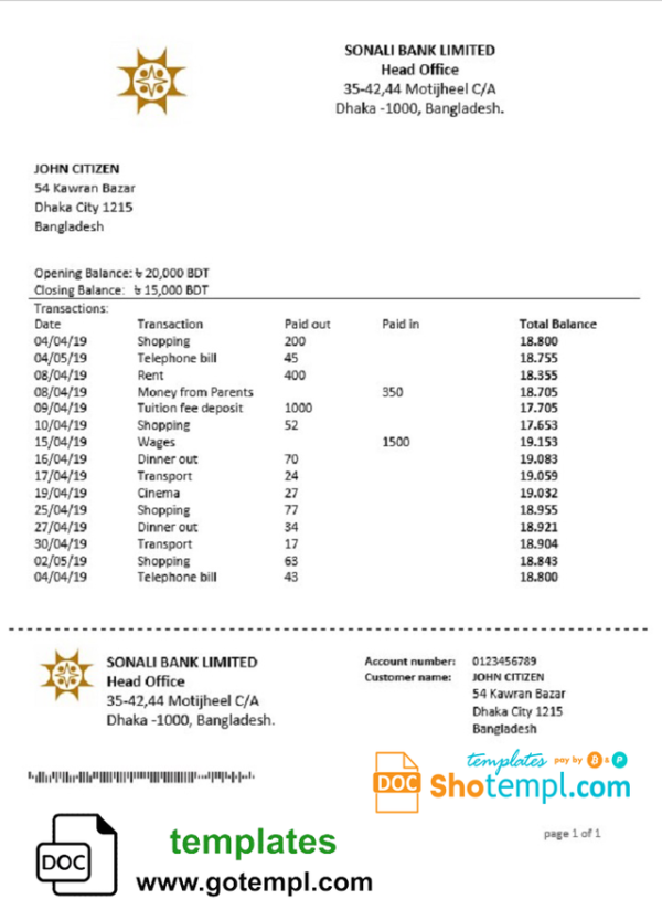 editable template, Bangladesh Sonali Bank proof of address statement template in Word and PDF format (.doc and .pdf)