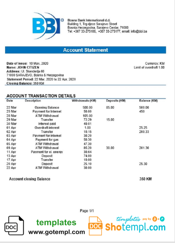 editable template, Bosnia and Herzegovina Bosna Bank International proof of address bank  statement template in Word and PDF format