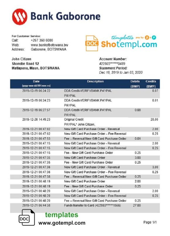 editable template, Botswana Bank Gaborone proof of address bank statement template in Word and PDF format