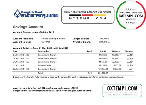 editable template, Thailand Bangkok Bank Savings Account statement template in Word and PDF format