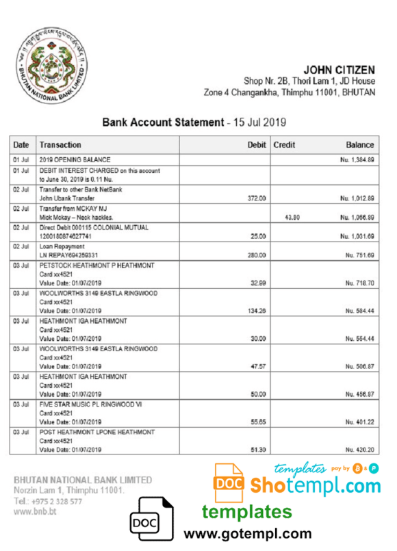 editable template, Bhutan National Bank proof of address statement template in Word and PDF format