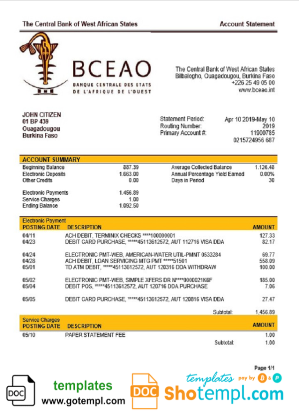 editable template, Burkina Faso The Central Bank of West African States bank statement template, Word and PDF format (.doc and .pdf)