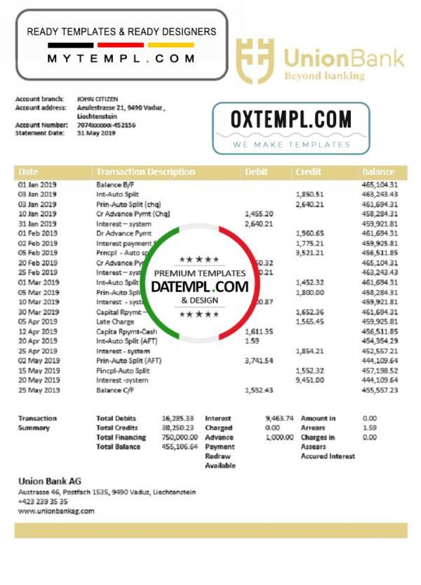editable template, Liechtenstein Union Bank AG statement template in Word and PDF format