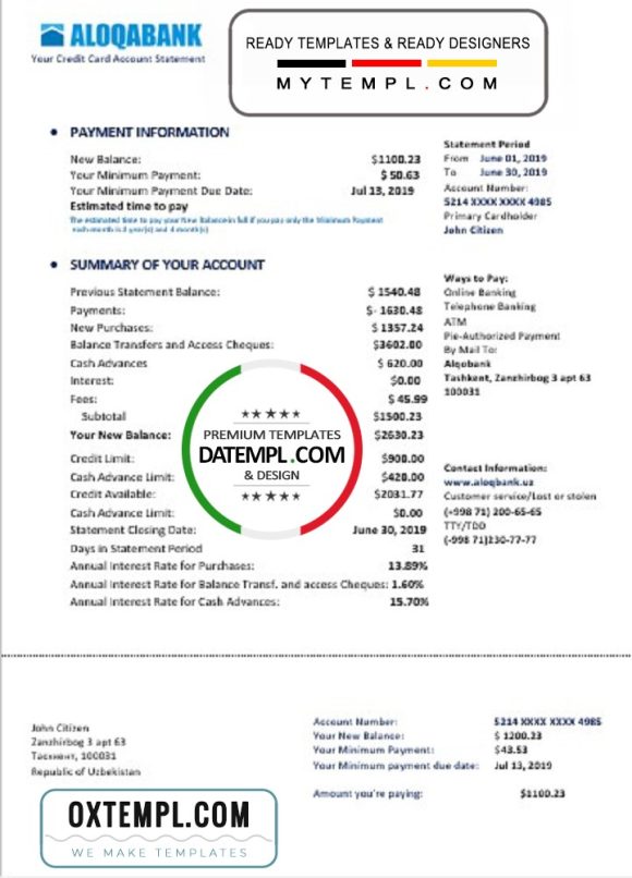 editable template, Uzbekistan Aloqabank proof of address statement template in Word and PDF format