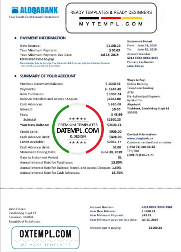 editable template, Uzbekistan Aloqabank proof of address statement template in Word and PDF format