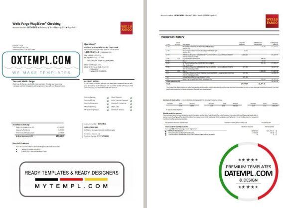 editable template, USA Wells Fargo bank statement template in Word and PDF format, 3 pages