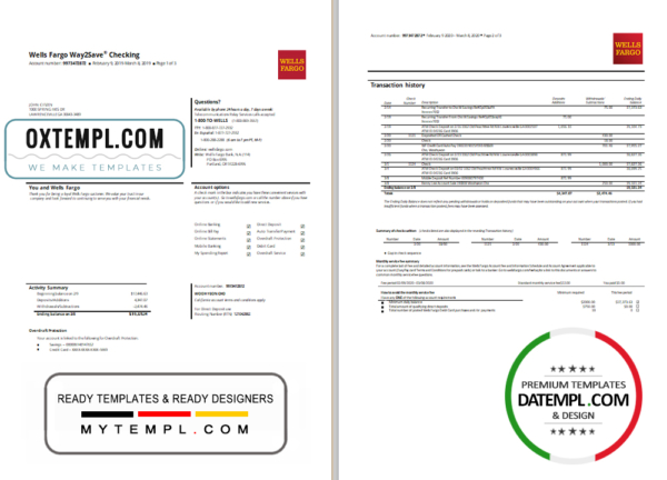editable template, USA Wells Fargo bank statement template in Word and PDF format, 3 pages