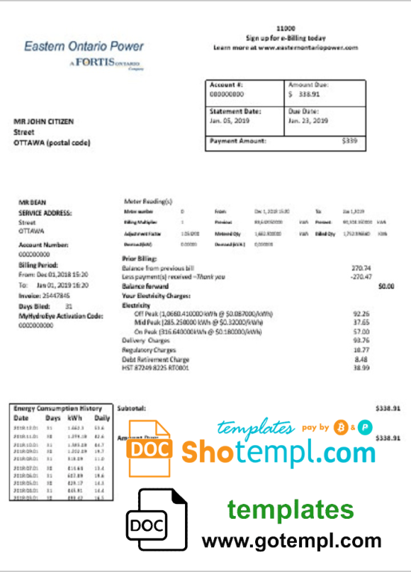 editable template, Canada Eastern Ontario Power utility bill template in Word and PDF format